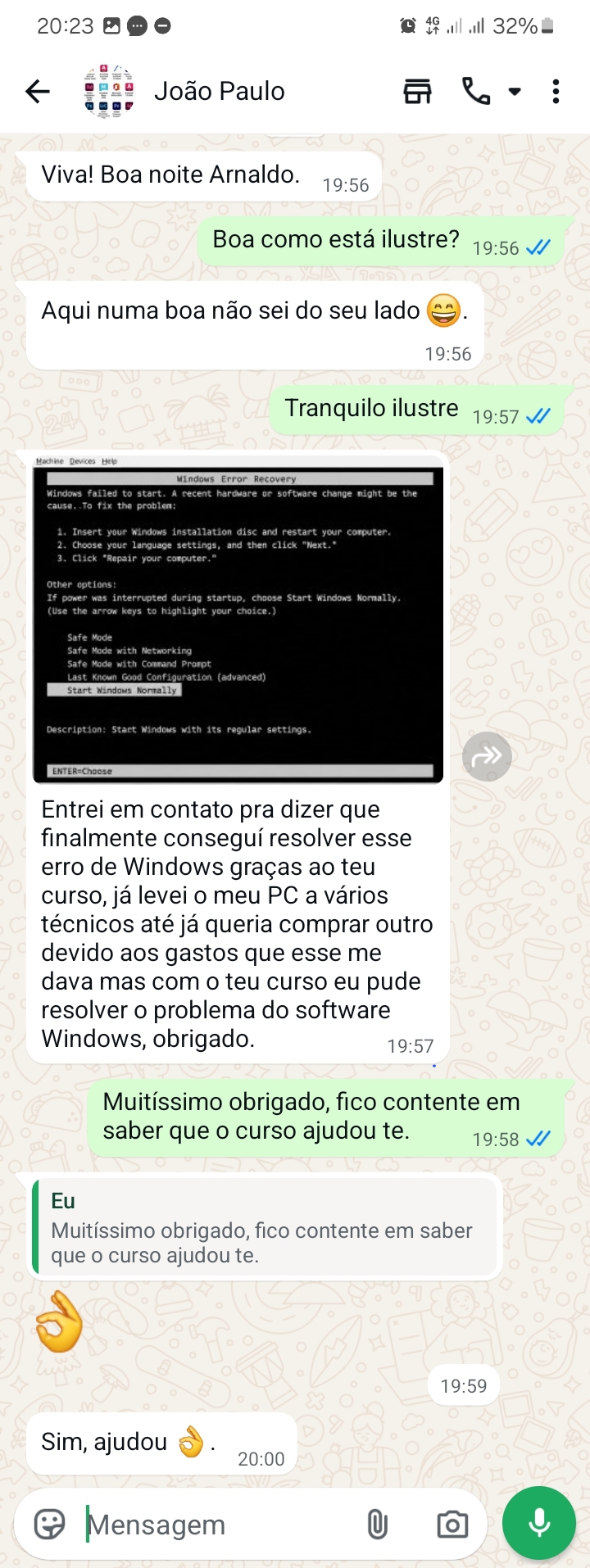 Depoimento real de aluno do curso no WhatsApp 5