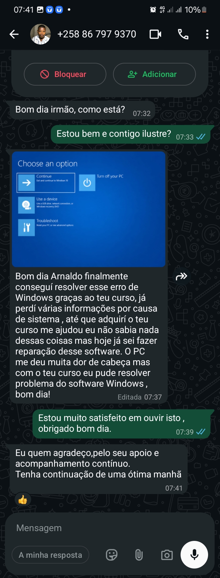 Depoimento real de aluno do curso no WhatsApp 6